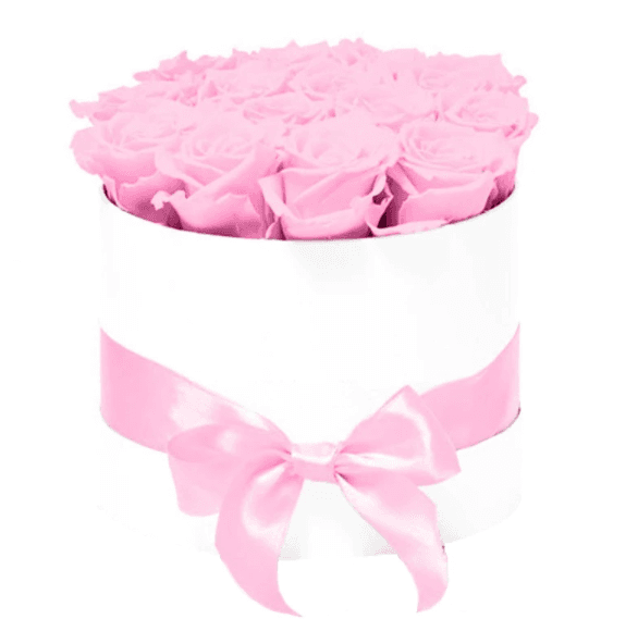 Aranjament floral cu 13 trandafiri parfumati de sapun roz in cutie rotunda