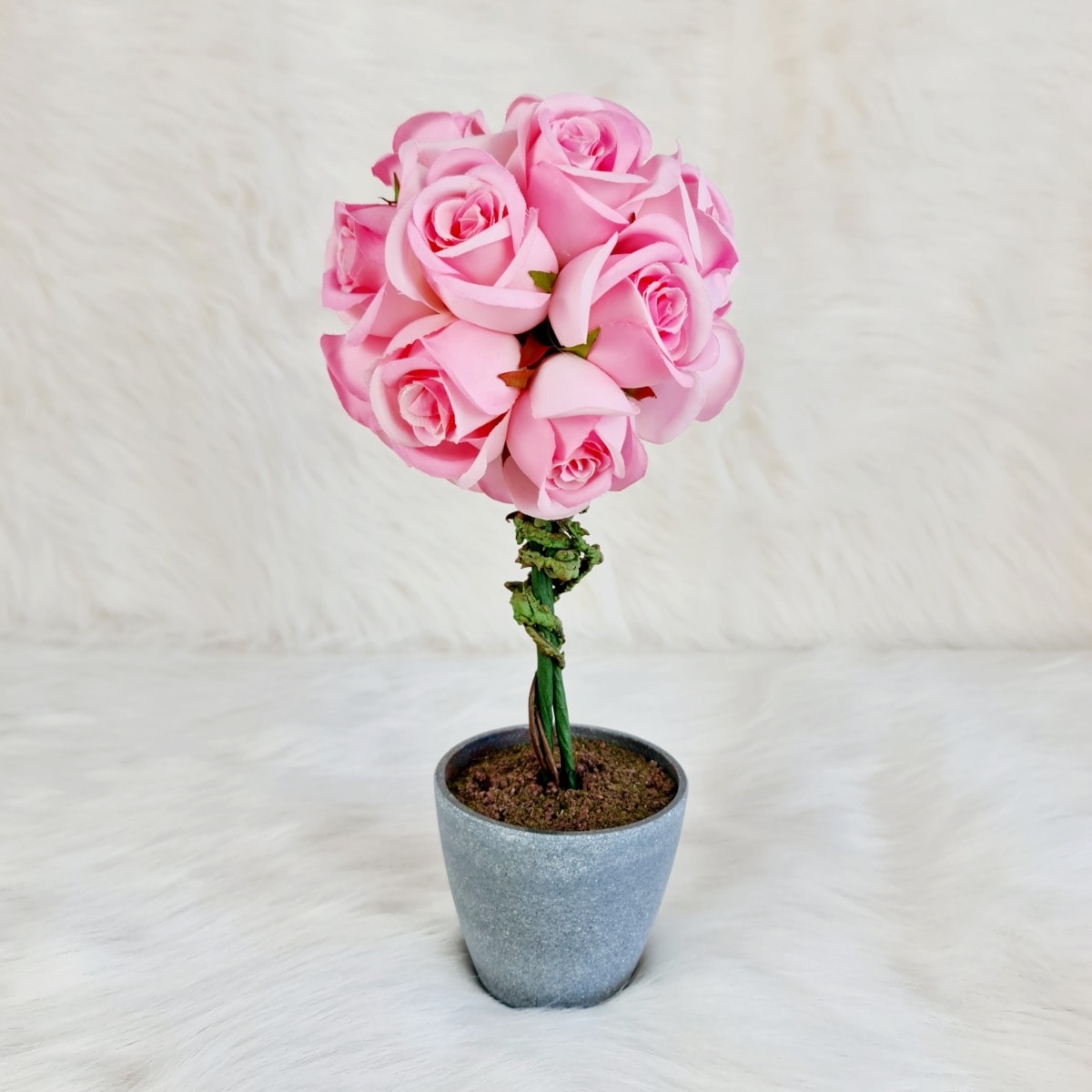Aranjament Floral cu Trandafir Artificial Roz si 15 Flori in Ghiveci 140 mm