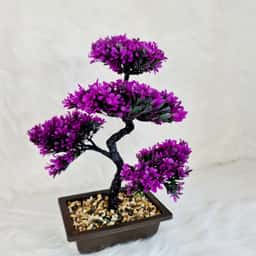 Bonsai Decorativ Artificial cu Flori Mov in Ghiveci de Ceramica - 200 mm