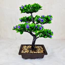 Bonsai Decorativ Artificial cu Flori Albastre in Ghiveci de Ceramica - 200 mm