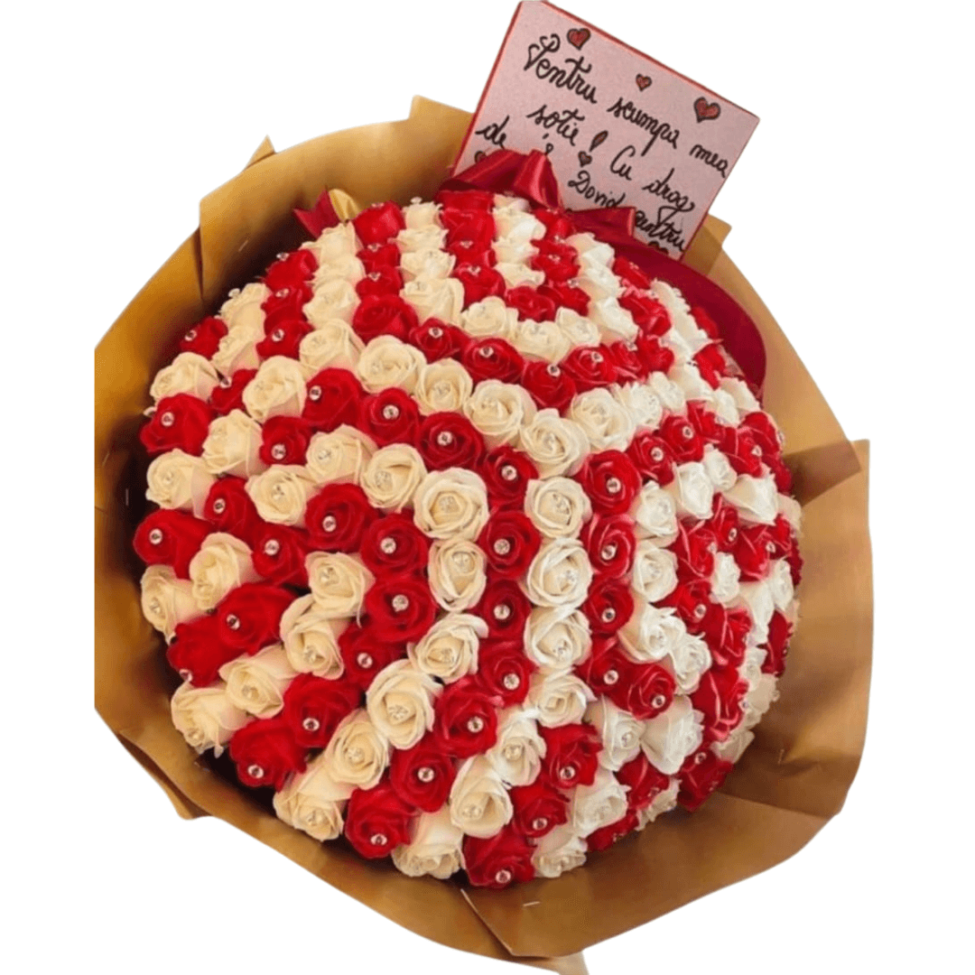 Buchet cu 155 trandafiri rosii si albi