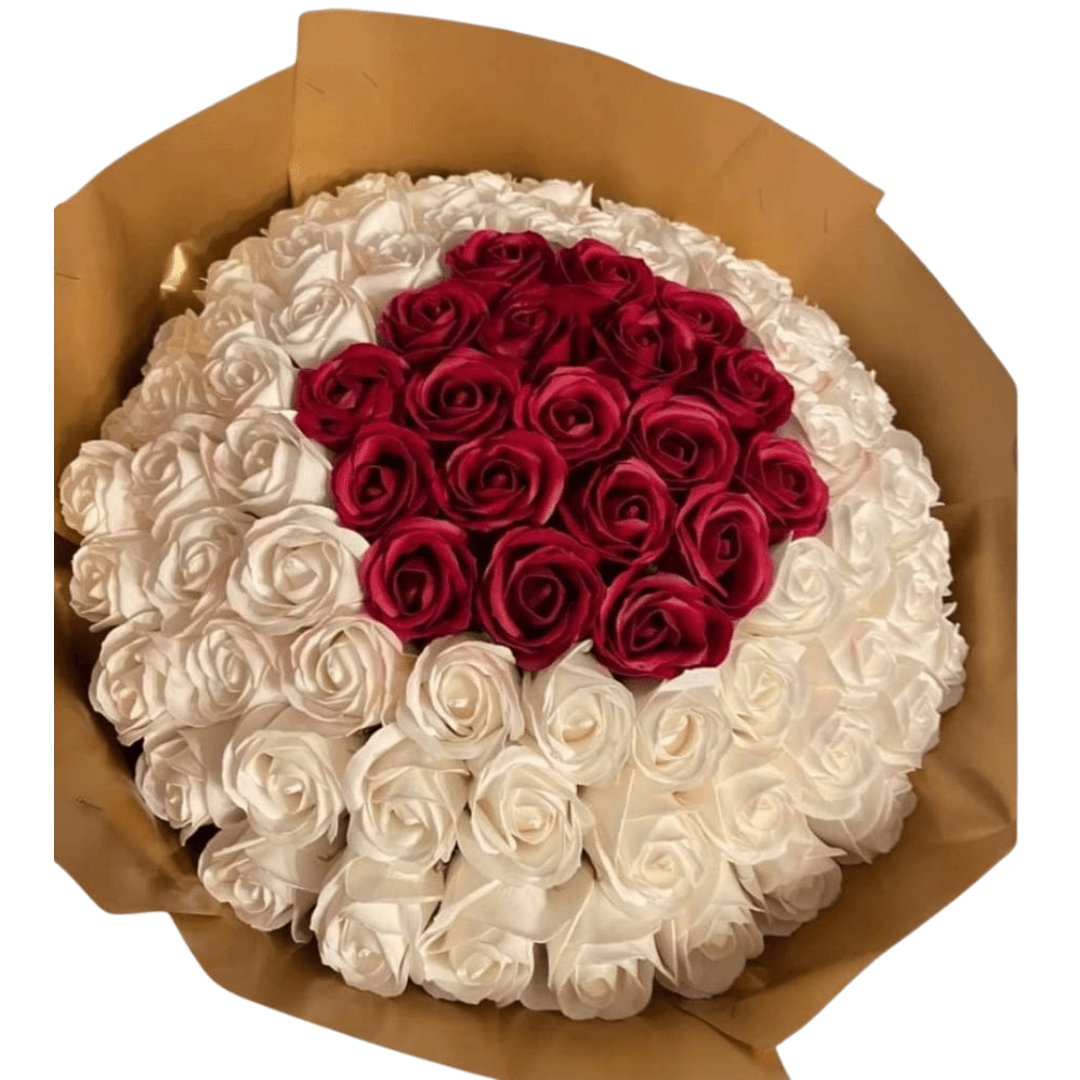 Aranjament floral - Buchet cu 100 trandafiri albi si rosii