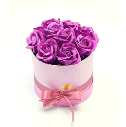 Aranjament floral in cutie cu 9 Trandafiri mov parfumati, spuma de sapun