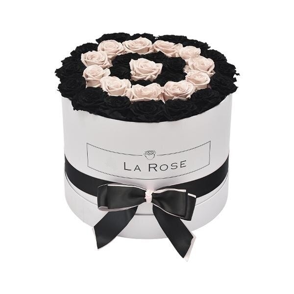 Aranjament Floral 15 Trandafiri Parfumati de Sapun Negri si Roz, in Cutie Rotunda Alba Luxury L