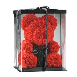 Ursulet decorativ cu trandafiri artificiali, 25 cm, cutie cadou inclusa