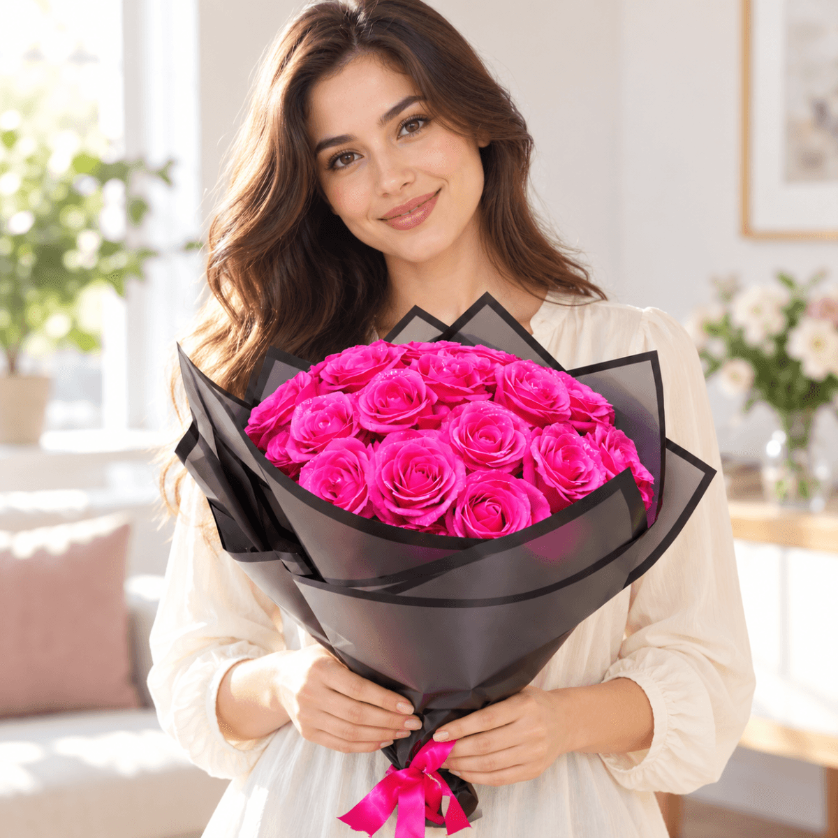 Buchet Roz Sclipitor, 19 trandafiri din sapun, 40 cm