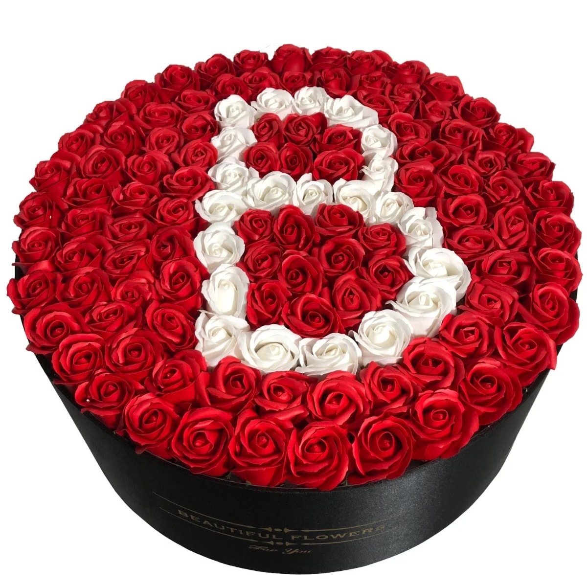 Aranjament Floral cu Litera B - Cutie Neagra cu 101 Trandafiri de Sapun Personalizabili