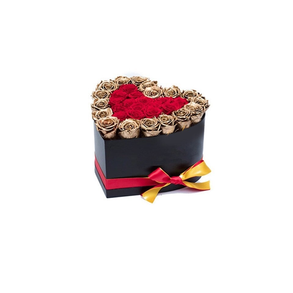Aranjament Floral Inima cu 31 Trandafiri de Sapun Auriu si Rosu, Lux Aurie
