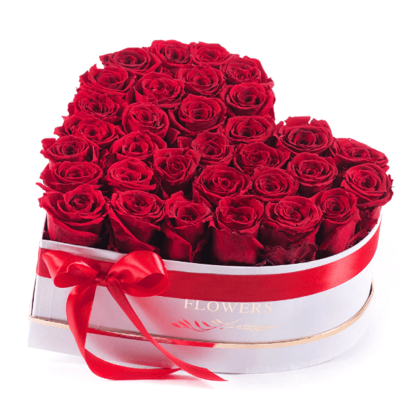 Buchet de 35 trandafiri parfumati de sapun rosii in cutie rotunda