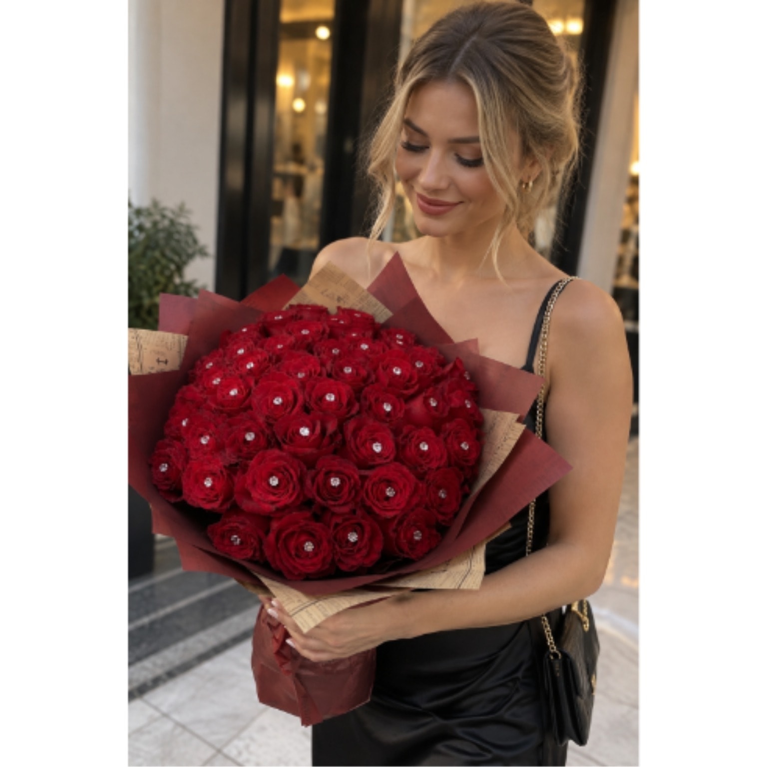 Buchet Elegant Premium 25 Trandafiri Naturali Rosii, Ambalaj de Lux
