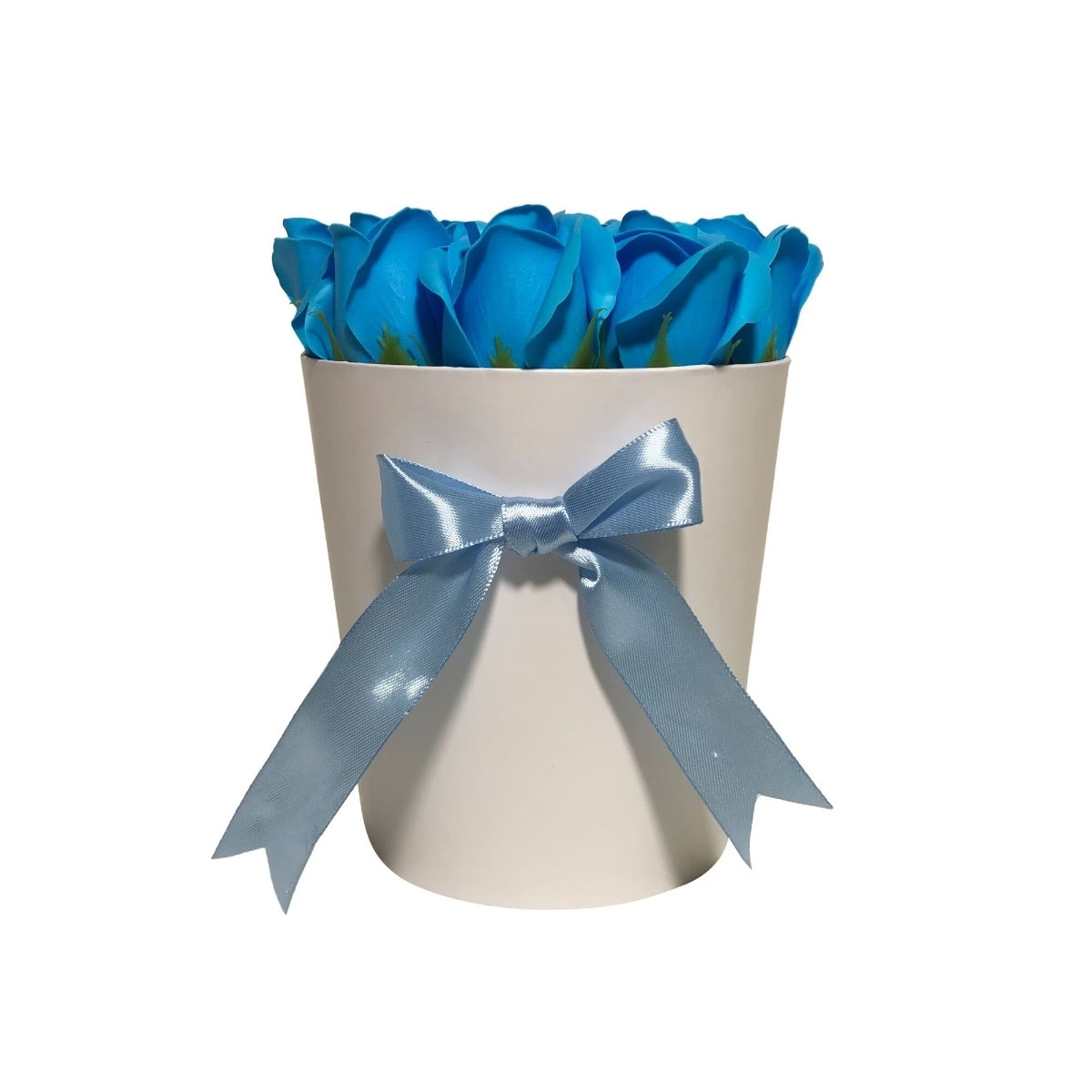 Aranjament Elegant cu 11 Trandafiri Bleu din Sapun in Cutie Alba