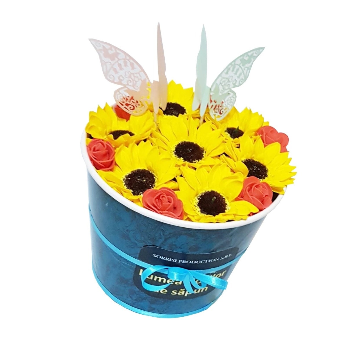 Aranjament Floral cu Flori de Sapun, 7 Floarea Soarelui si Fluturi din Hartie, 20 cm