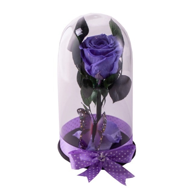 Trandafir Criogenat Violet in Cupola, Petale la Baza, Fluture si Cadou Pandantiv Argint 925