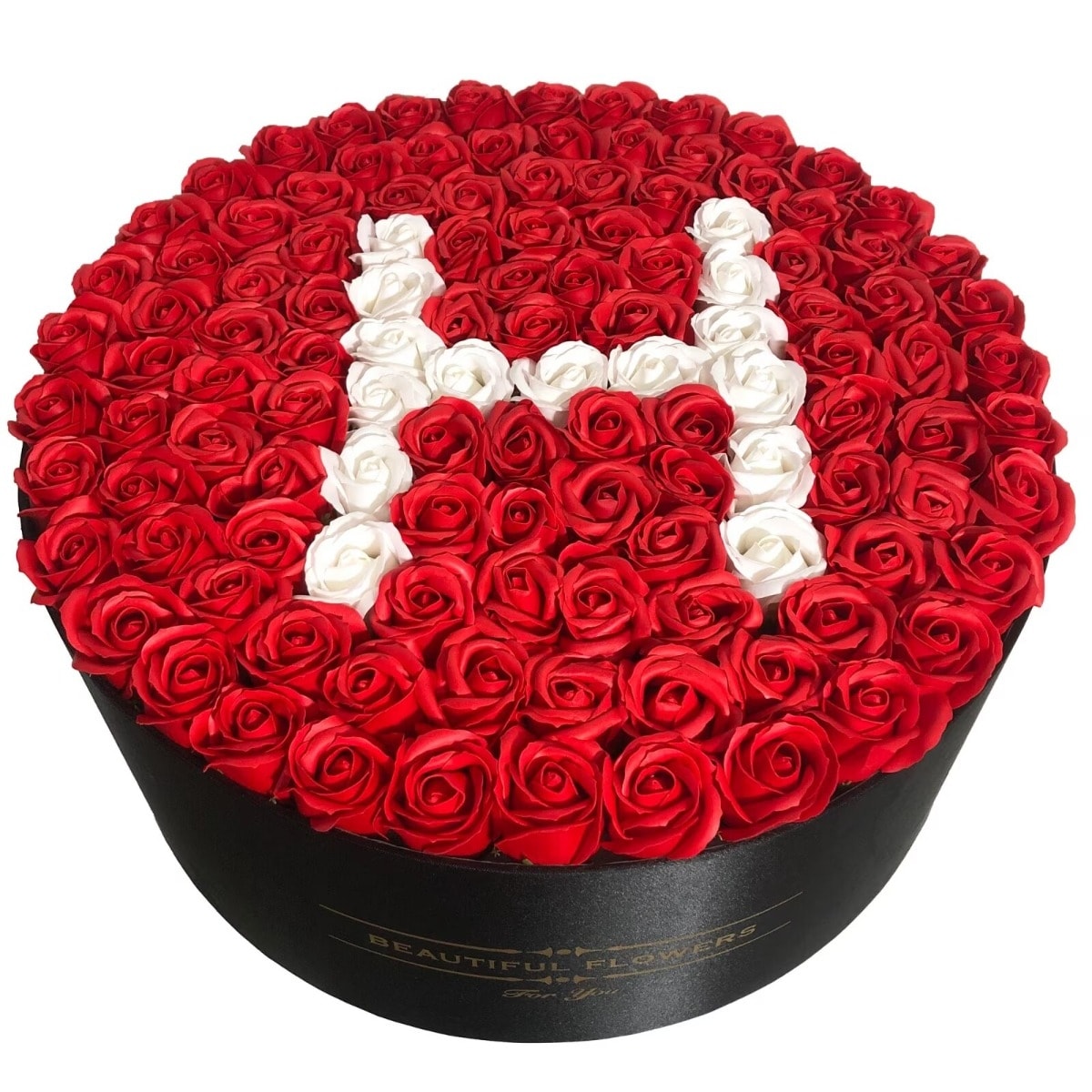 Aranjament Floral cu Litera H - Cutie Rotunda Neagra cu 101 Trandafiri de Sapun