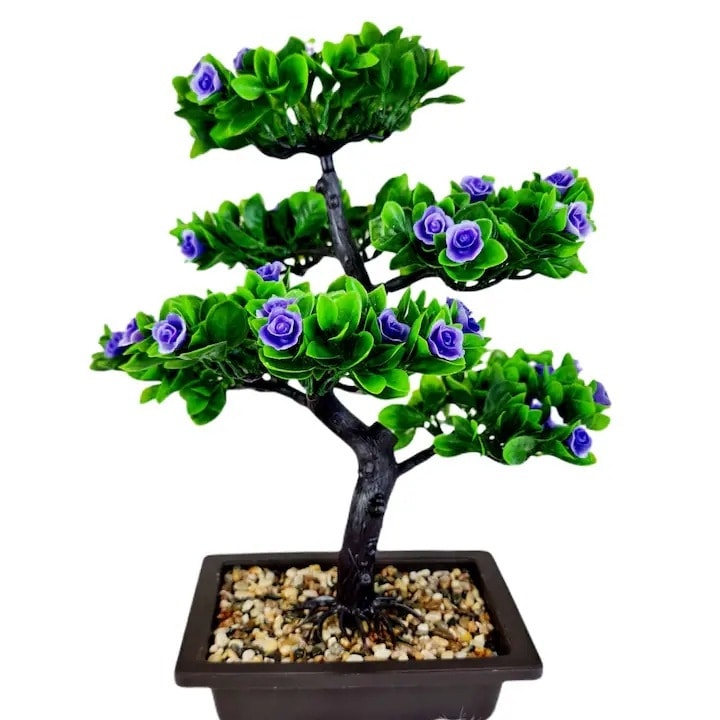 Bonsai decorativ artificial cu flori albastre, ghiveci inclus