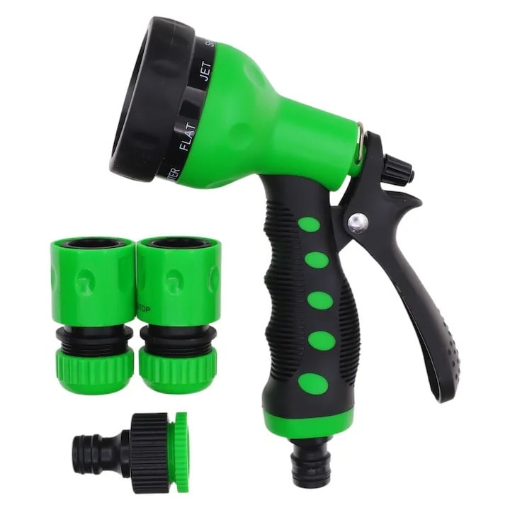 Pistol pentru udat gradina, 8 functii, Maner ergonomic, Kit complet, 20 cm, Verde/Negru