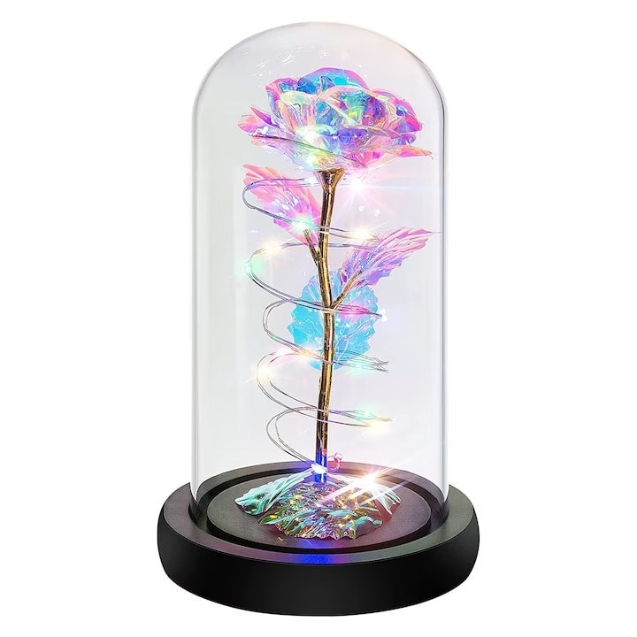 Trandafir Criogenat Nemuritor Alb in Cupola cu LED, Cadou Elegant Darklove