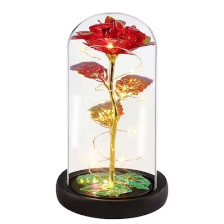 Trandafir din Sticla Criogenat in Cupola LED, Rosu