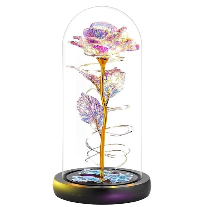 Trandafir Etern Criogenat in Cupola de Sticla cu Luminite LED - Multicolor