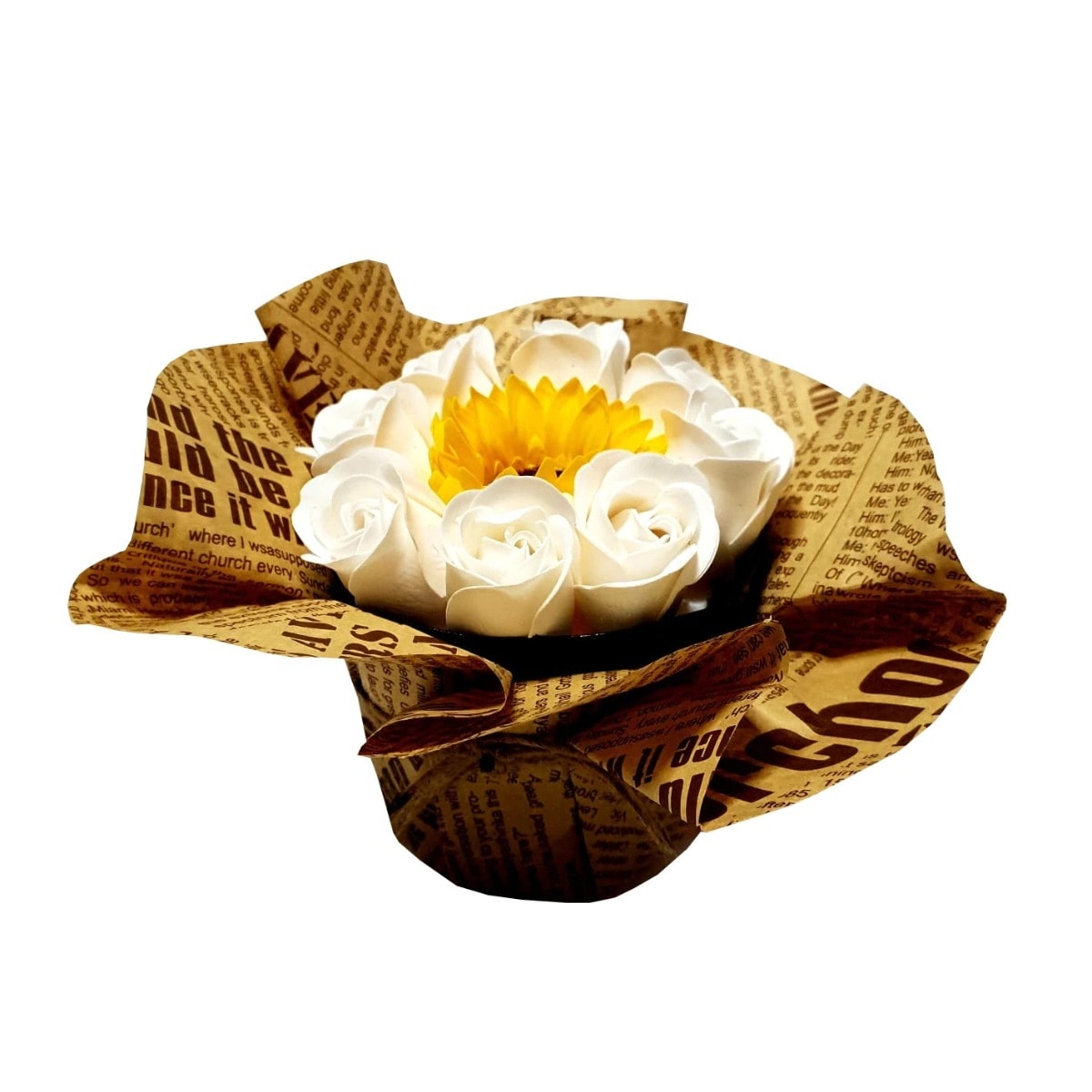 Aranjament Floral Elegant cu 9 Trandafiri Albi si Floare a Soarelui din Sapun, 15 cm