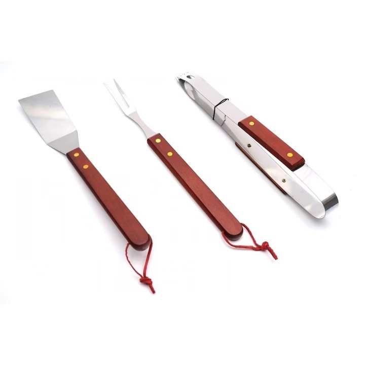 Set ustensile gratar, 3 piese, otel inoxidabil si lemn, rezistente si durabile