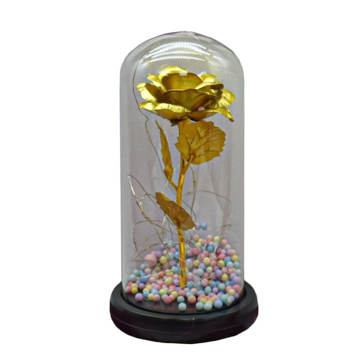 Decor elegant cu flori in cupola de sticla, LED 9x20 cm