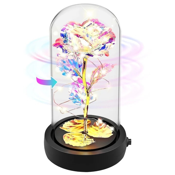Trandafir Nemuritor in Cupola de Sticla cu Rotire 360 si Lampa LED