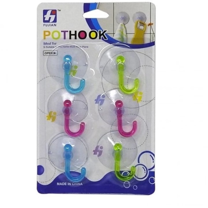 Set 6 Cuier Ventuze din Silicon, Multicolor, 4 cm