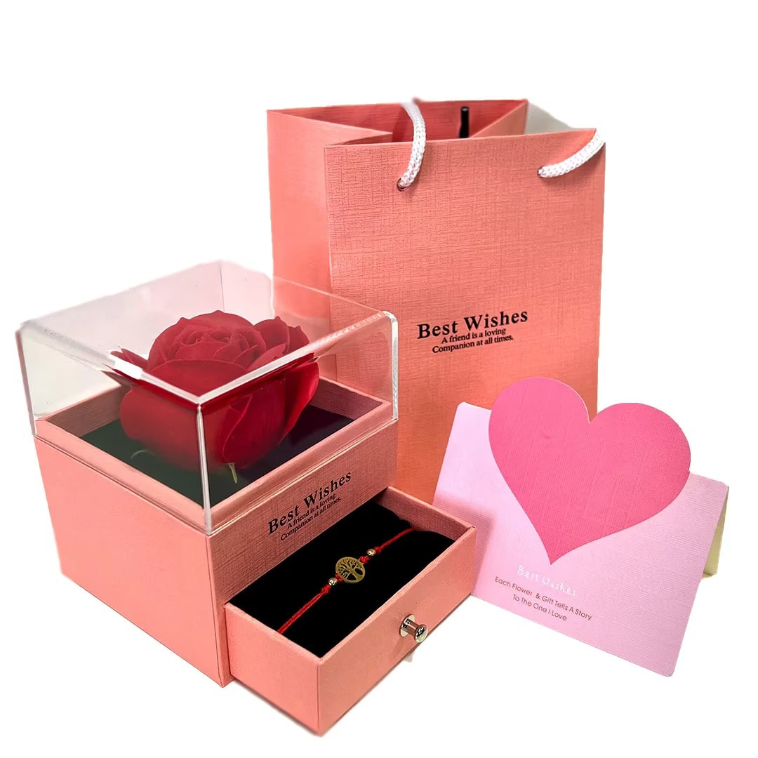 Set Cadou Eleganta cu Trandafir de Sapun in Cutie Turcoaz - Bratara si Felicitare Personalizata