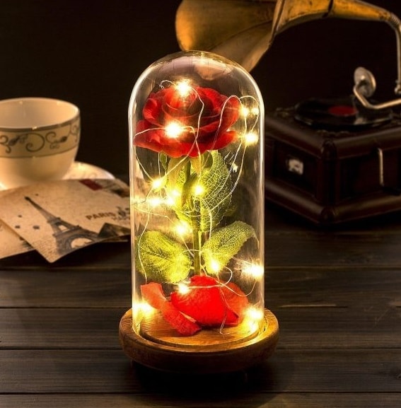 Trandafir nemuritor in cupola de sticla cu LED, 25 cm, petale si pandant argint
