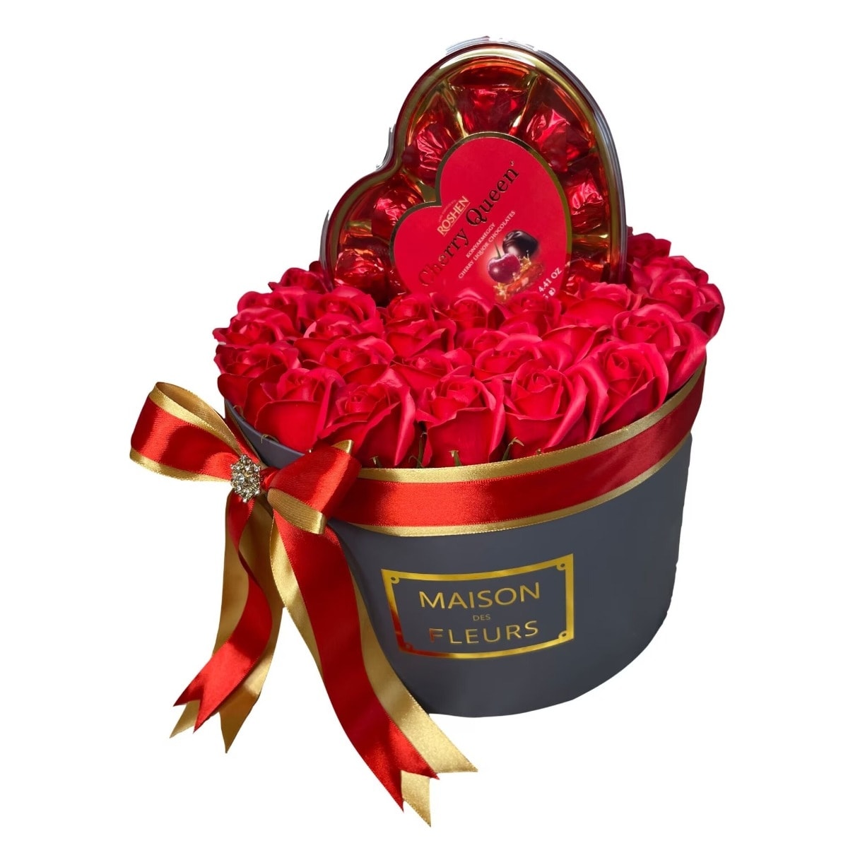 Cutie Eleganta Gri Cu 35 Trandafiri de Sapun Rosii si Bomboane Roshen, 20 cm