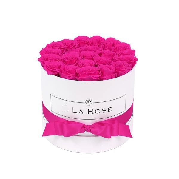 Aranjament Floral cu 15 Trandafiri Parfumati de Sapun Negri si Roz in Cutie Rotunda Alba Luxury, L