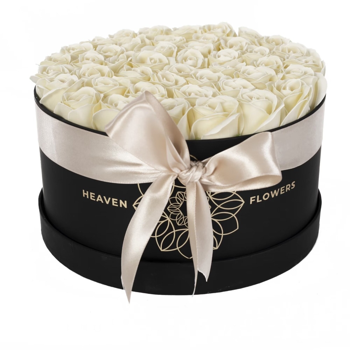 Cutie Cadou cu 41 Trandafiri de Sapun Albi si Felicitare Personalizata, Diametru 24cm