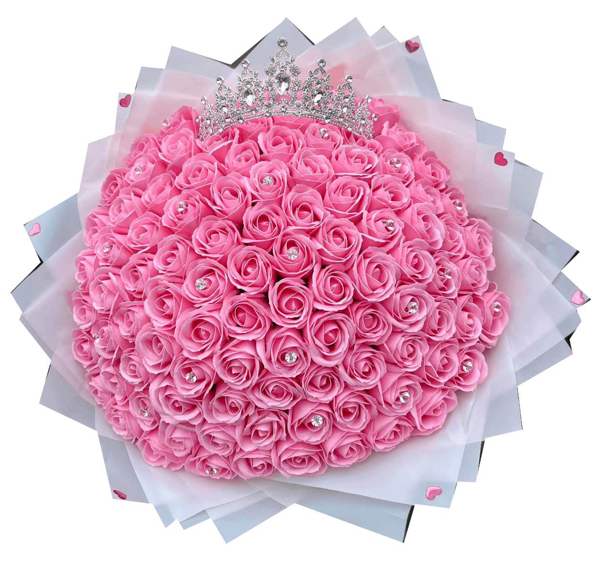 buchet 99 trandafiri roz cu coroana si pietre