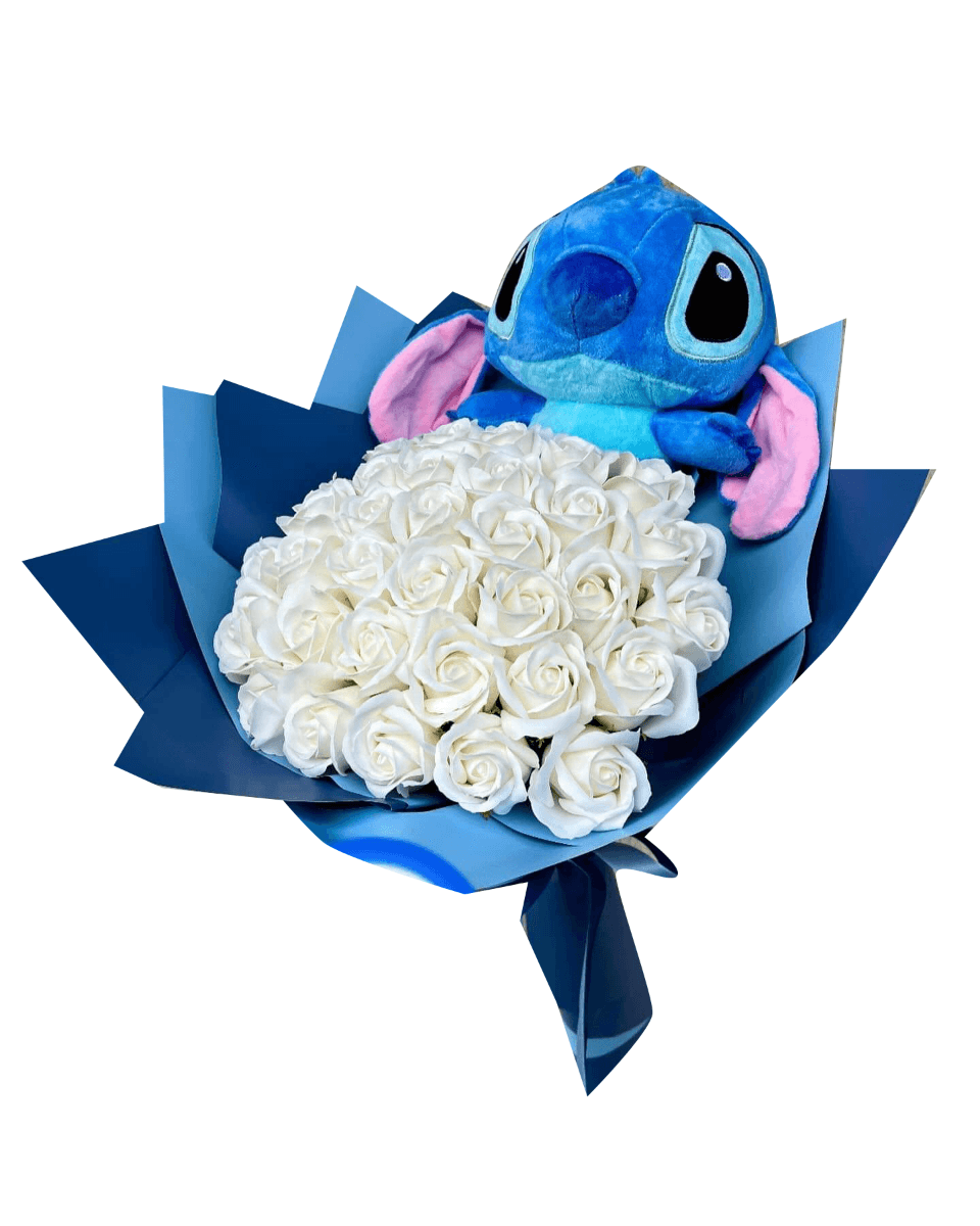 Buchet cu stitch albastru si 55 trandafiri albi