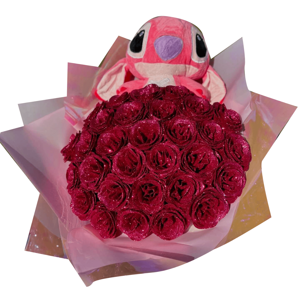 Buchet cu stitch 45 trandafiri cu sclipici roz