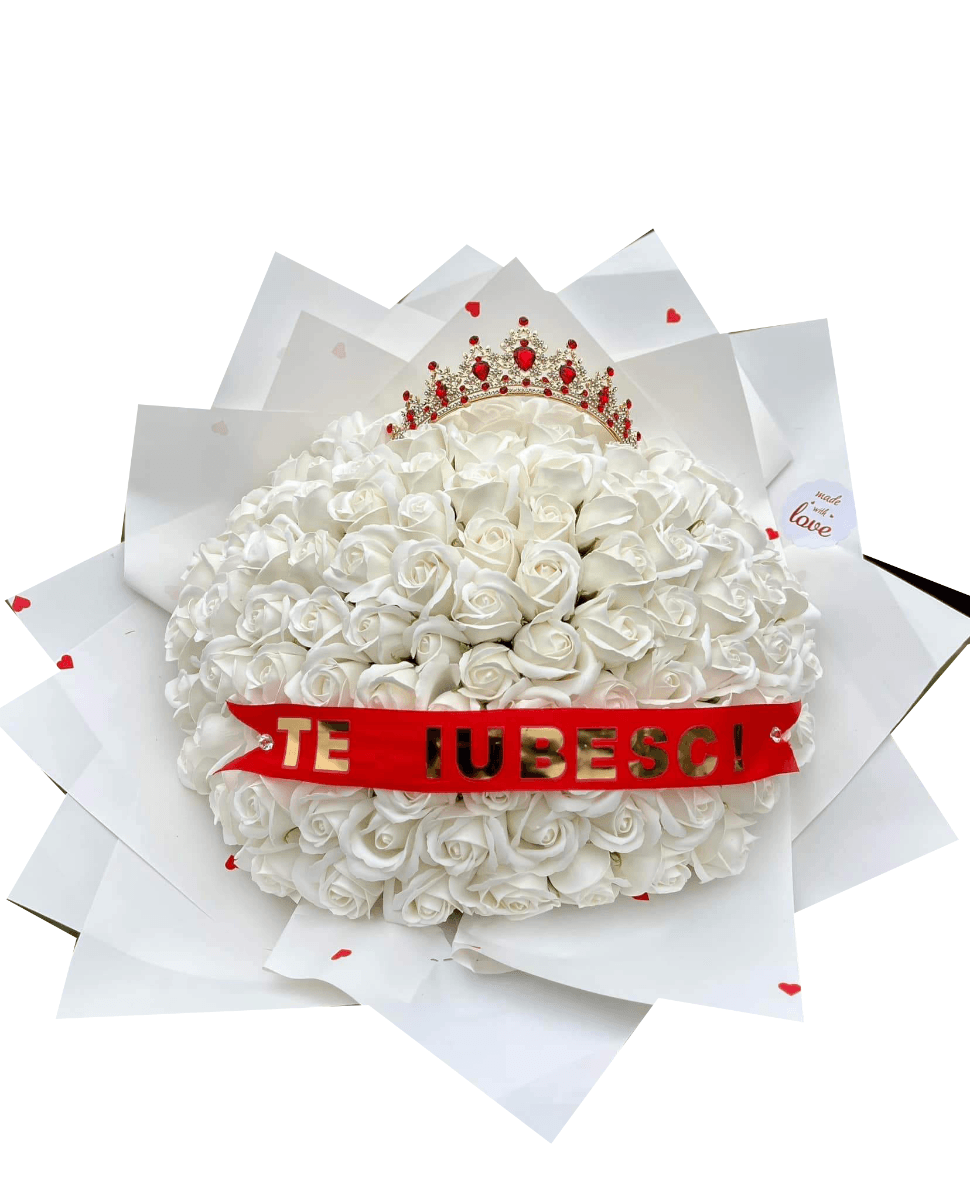 Buchet cu 55 trandafiri albi cu coroana"te iubesc"