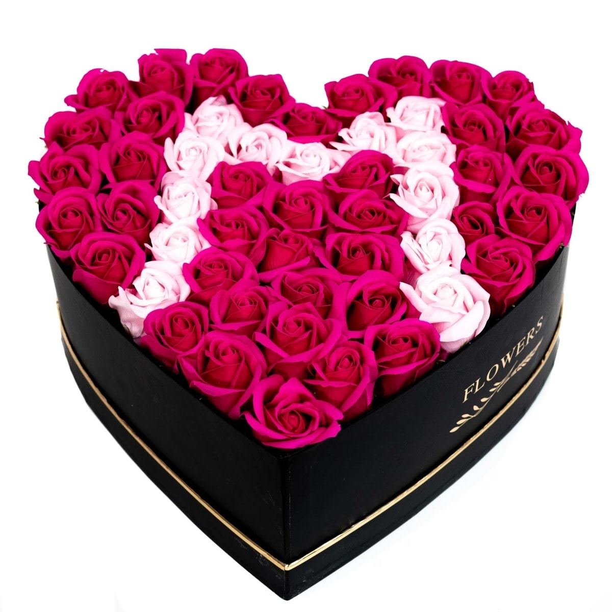 Cutie Inima cu 55 Trandafiri Roz - Litere M, 30cm