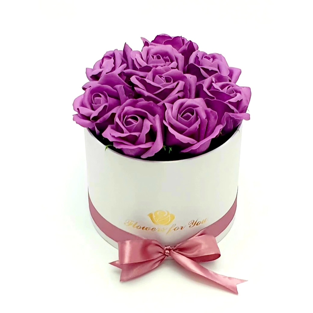 Buchet Floral cu 9 Trandafiri Mov Parfumati in Cutie Eleganta Alba