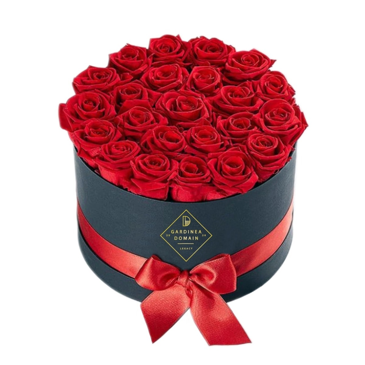 Buchet de 25 trandafiri in cutie neagra rotunda