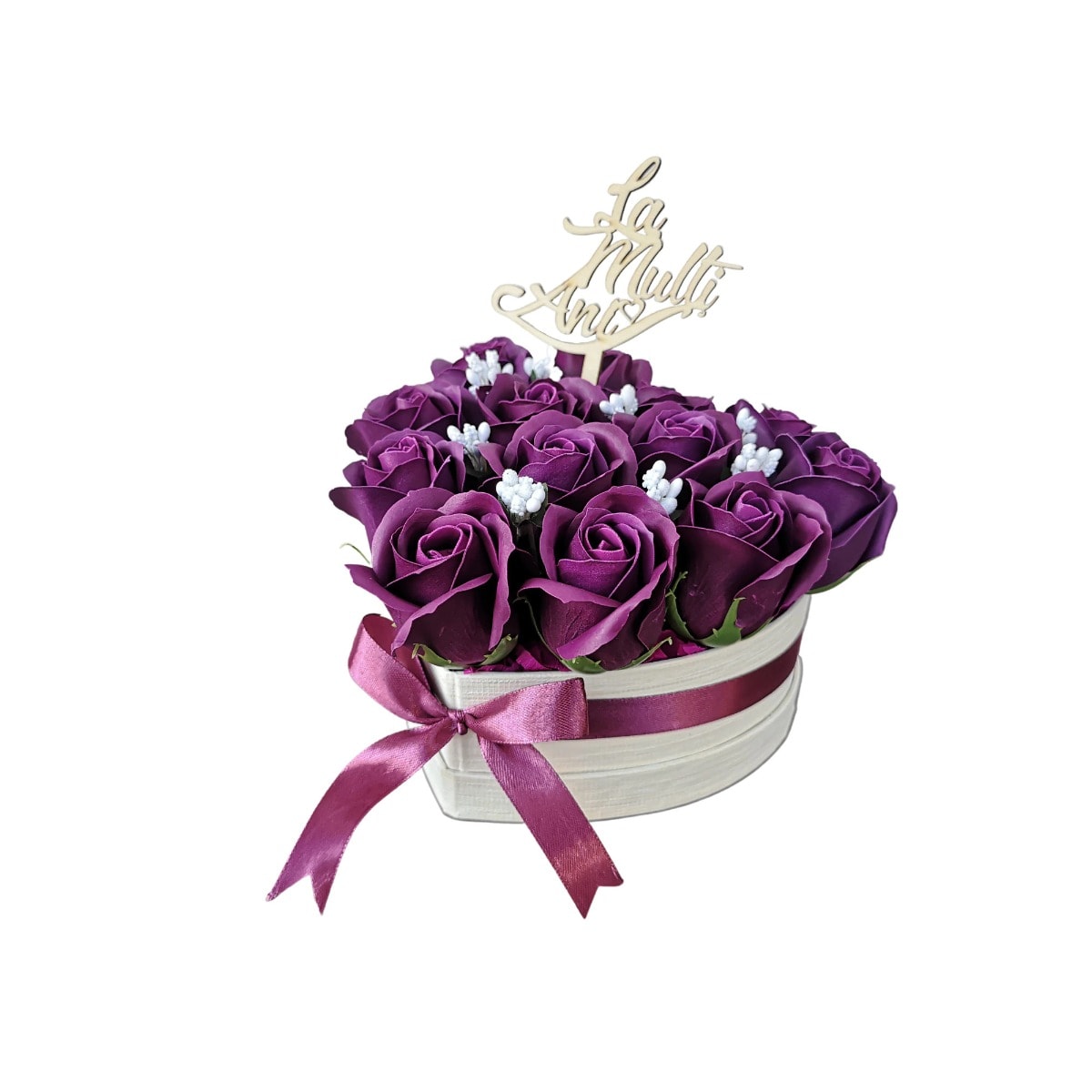 Aranjament Floral cu 13 Trandafiri din Sapun Indigo in Cutie Inima Alba si Mesaj "La Multi Ani