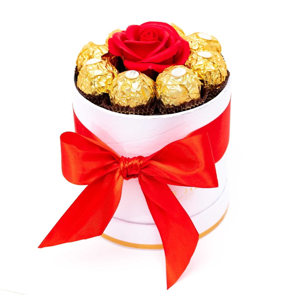 Aranjament floral elegant cu trandafir unic si Ferrero Red Rose in cutie rotunda