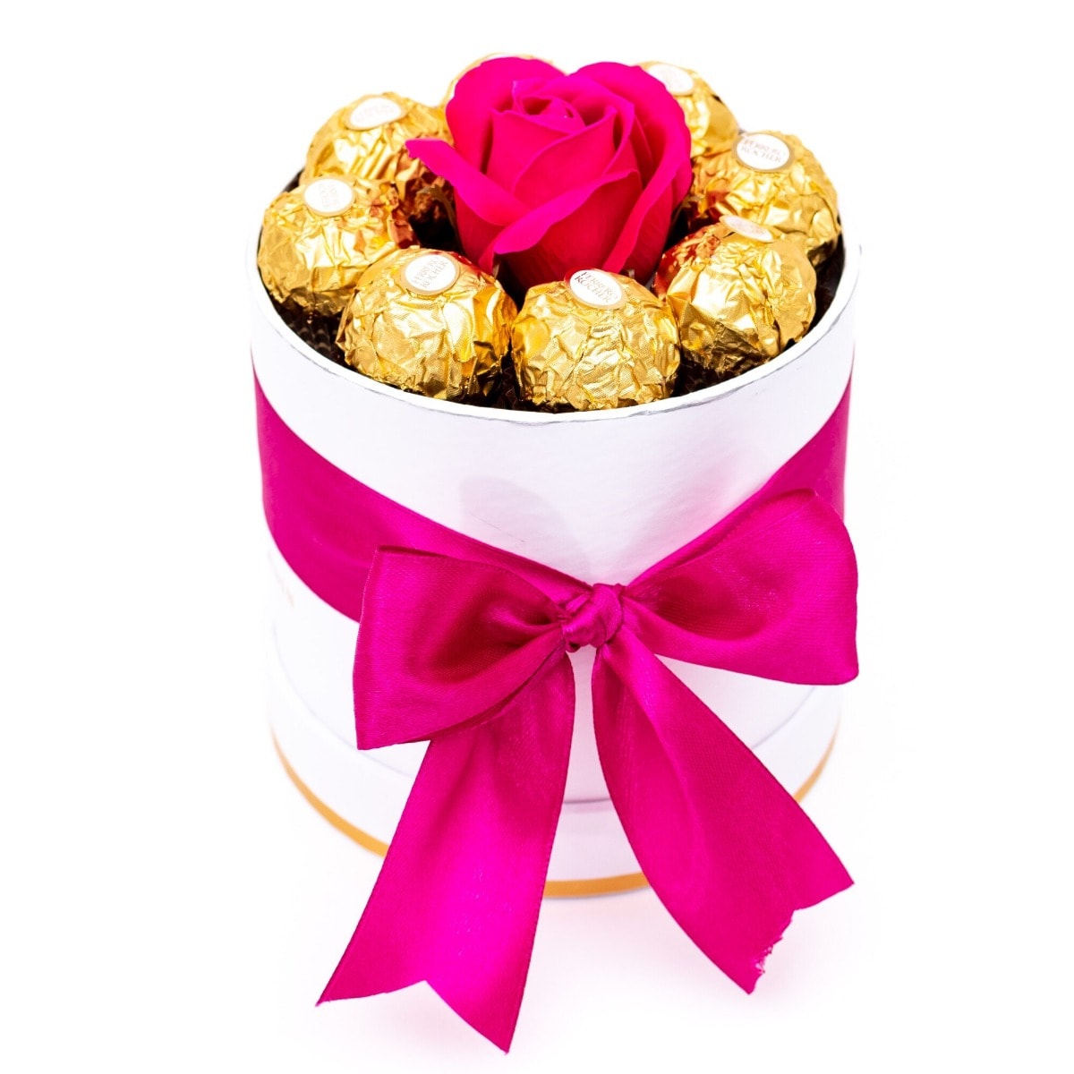 Aranjament floral elegant cu trandafir unic si Ferrero pink Rose in cutie rotunda