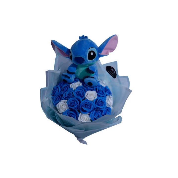 Buchet Elegant cu 31 Trandafiri Alb si Albastru, Decorat cu Figurina