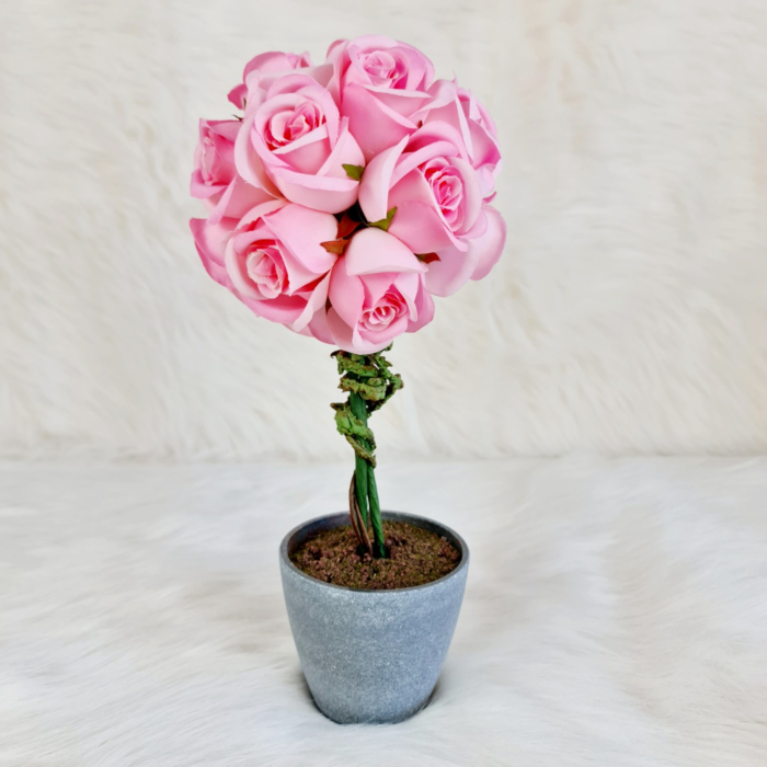 Trandafir artificial roz cu 15 flori in ghiveci 140 mm