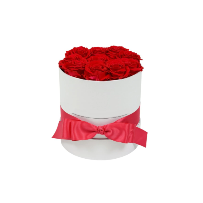 Aranjament floral cu 9 trandafiri parfumati de sapun in cutie rotunda
