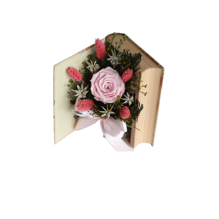 Aranjament floral cu trandafir criogenat si flori stabilizate sub forma de carte, roz, 22 cm