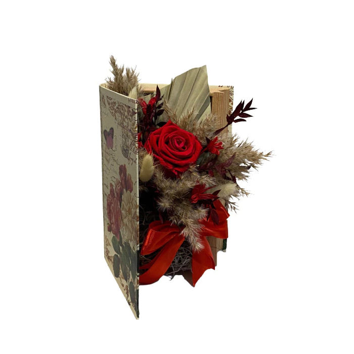 Aranjament floral cu trandafir criogenat si flori stabilizate, rosu in carte