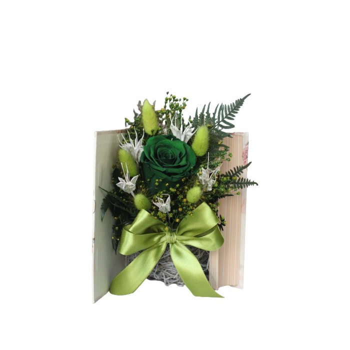 Aranjament floral cu trandafir criogenat si flori stabilizate sub forma de carte, verde, 22 cm