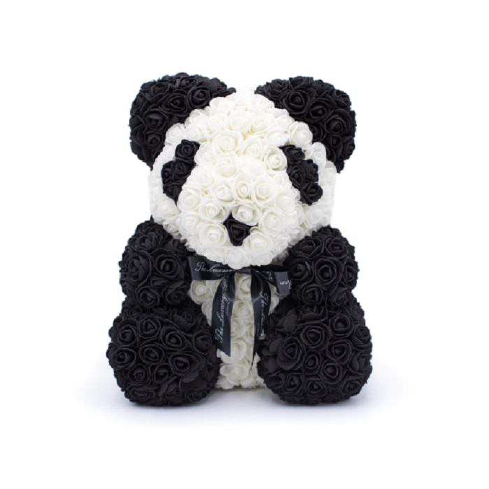 Ursulet floral panda din trandafiri de spuma, in cutie, 25 cm